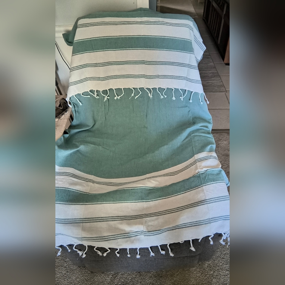 Large Soft Teal Green and White Striped Vintage Turkish Beach Towel, NWT